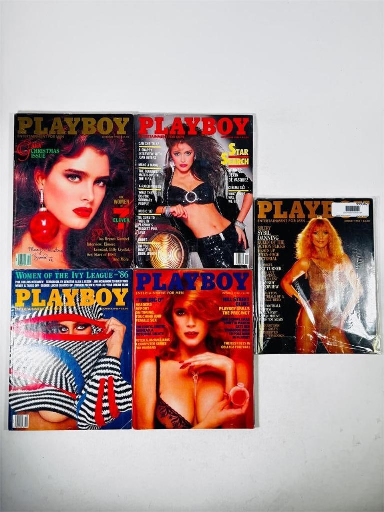Vintage Playboy Magazines Iconic Collectibles1980s: set of five (5) vintage issues of Playboy Magazine. Known for its sophisticated blend of world-class photography, award-winning journalism, and interviews with the most influential figures of the 20th