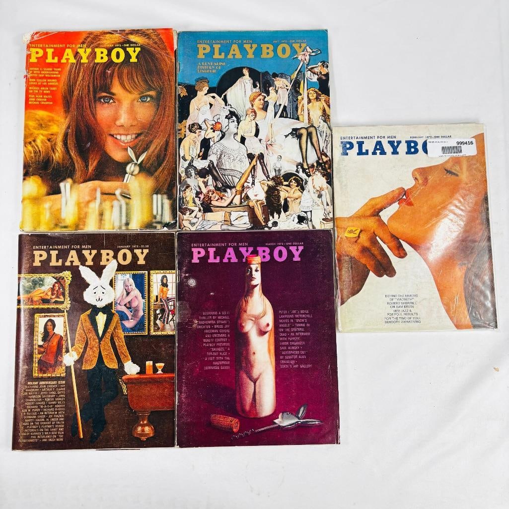 1972 Vintage Playboy Magazines: set of five (5) vintage issues of Playboy Magazine. Known for its sophisticated blend of world-class photography, award-winning journalism, and interviews with the most influential figures of the 20th