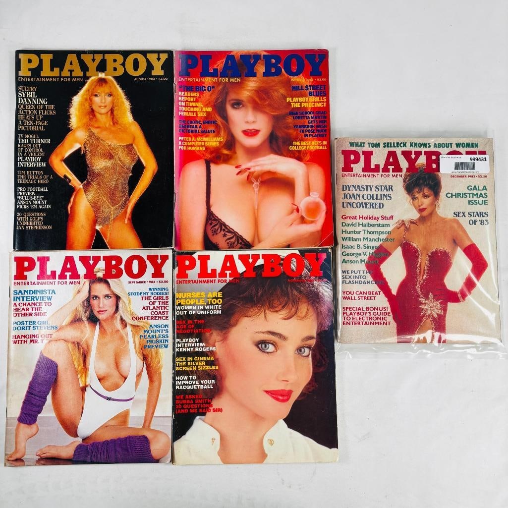 Vintage Playboy Magazines -Featuring Sybil Danning: set of five (5) vintage issues of Playboy Magazine. Known for its sophisticated blend of world-class photography, award-winning journalism, and interviews with the most influential figures of the 20th