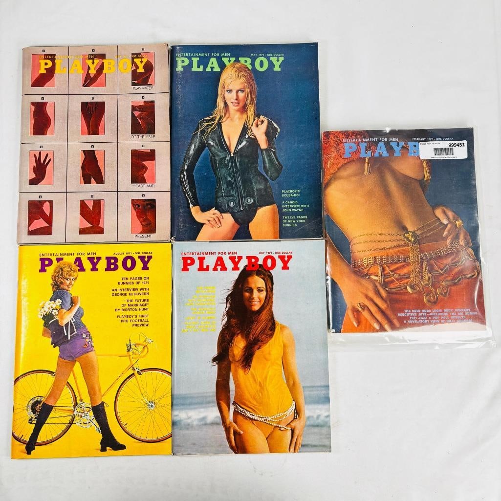 Vintage Playboy Magazines Iconic Collectibles 1971: set of five (5) vintage issues of Playboy Magazine. Known for its sophisticated blend of world-class photography, award-winning journalism, and interviews with the most influential figures of the 20th