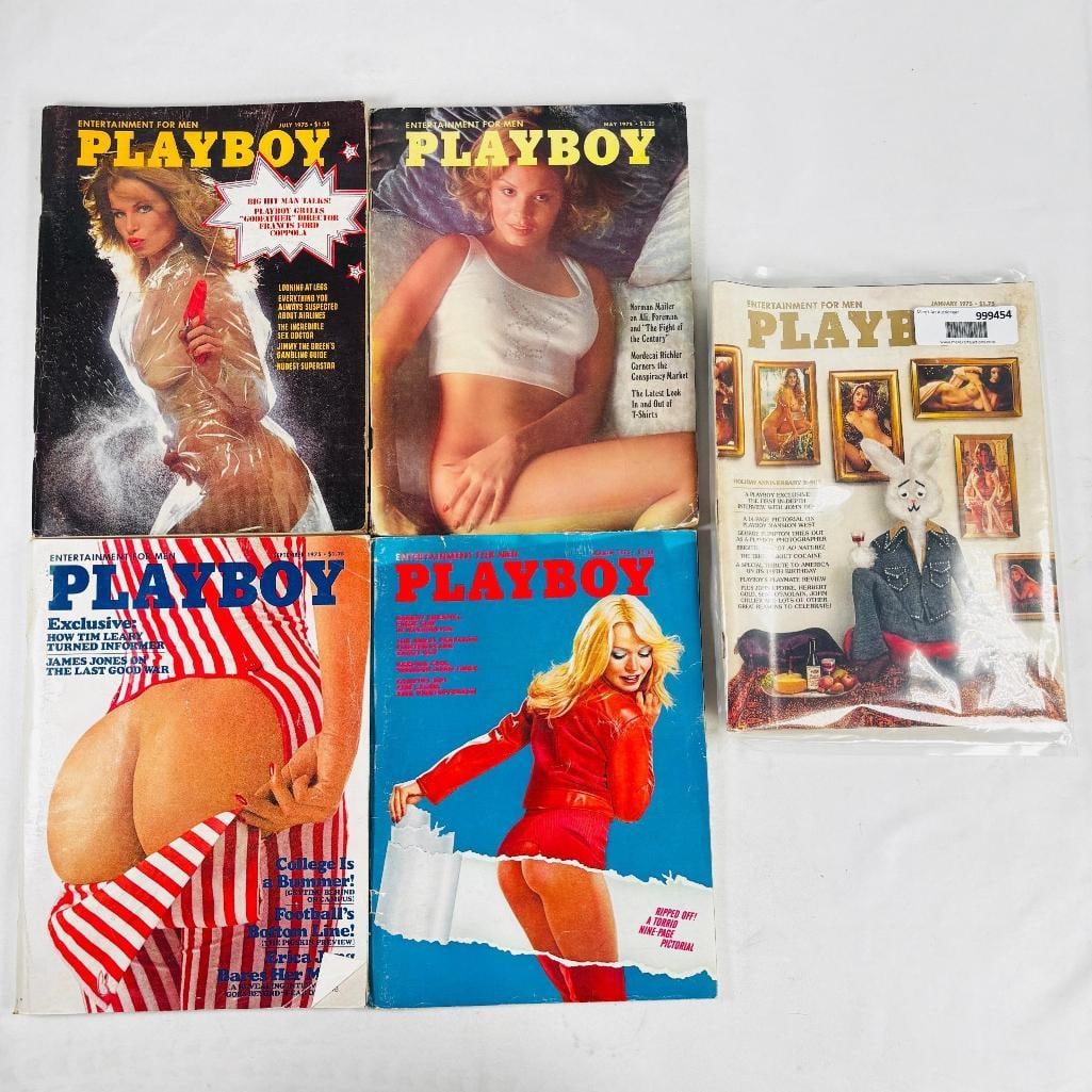 Vintage Playboy Lot - 5 Issues - 1975: set of five (5) vintage issues of Playboy Magazine. Known for its sophisticated blend of world-class photography, award-winning journalism, and interviews with the most influential figures of the 20th