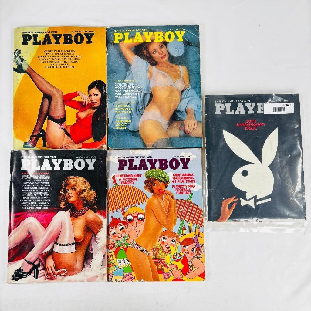 Vintage Playboy Magazines Iconic Collectibles 1974: set of five (5) vintage issues of Playboy Magazine. Known for its sophisticated blend of world-class photography, award-winning journalism, and interviews with the most influential figures of the 20th