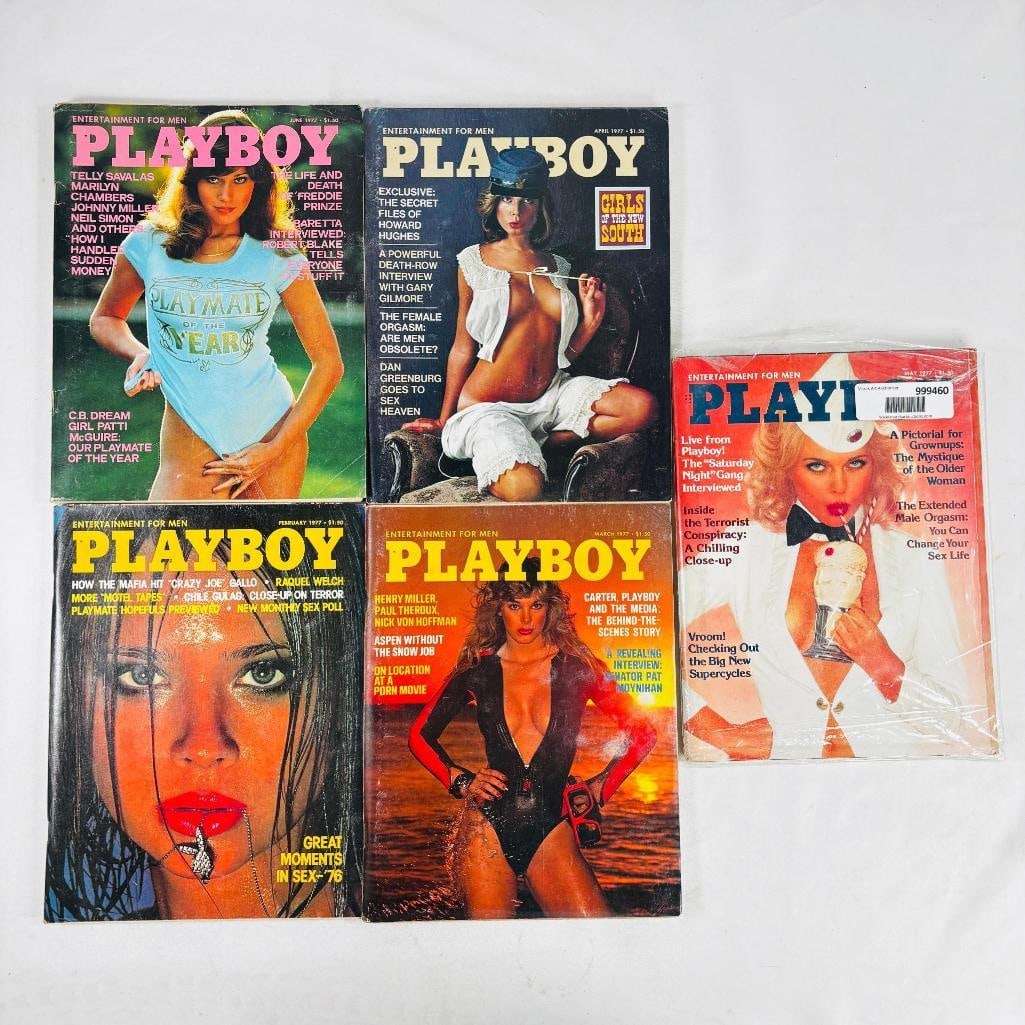 Vintage Playboy Lot - 5 Issues - 1977: set of five (5) vintage issues of Playboy Magazine. Known for its sophisticated blend of world-class photography, award-winning journalism, and interviews with the most influential figures of the 20th