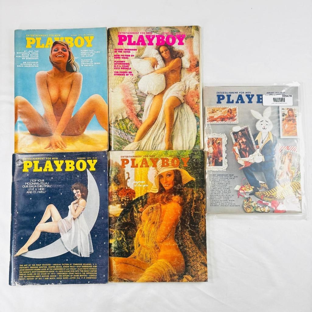 Vintage Playboy Magazines Iconic Collectibles 1973: set of five (5) vintage issues of Playboy Magazine. Known for its sophisticated blend of world-class photography, award-winning journalism, and interviews with the most influential figures of the 20th