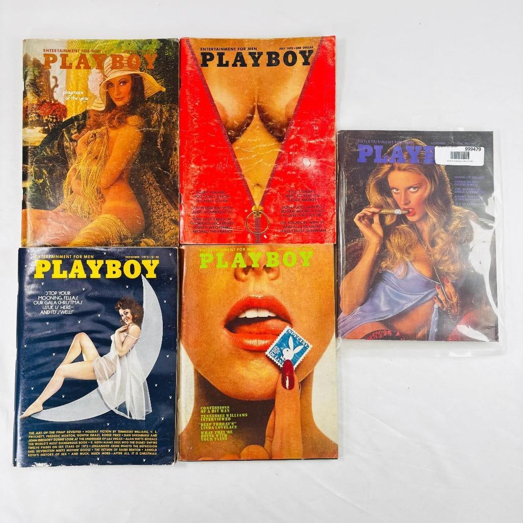 Vintage Playboy Lot - 5 Issues - 1973: set of five (5) vintage issues of Playboy Magazine. Known for its sophisticated blend of world-class photography, award-winning journalism, and interviews with the most influential figures of the 20th