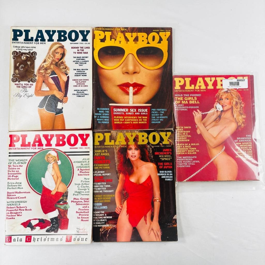 Vintage Playboy Magazines Iconic Collectibles '82: set of five (5) vintage issues of Playboy Magazine. Known for its sophisticated blend of world-class photography, award-winning journalism, and interviews with the most influential figures of the 20th
