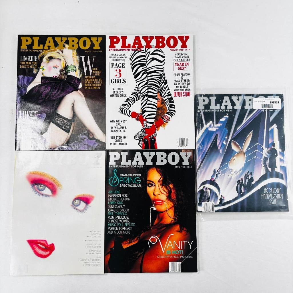 Vintage Playboy Magazines Iconic Collectibles 1988: set of five (5) vintage issues of Playboy Magazine. Known for its sophisticated blend of world-class photography, award-winning journalism, and interviews with the most influential figures of the 20th