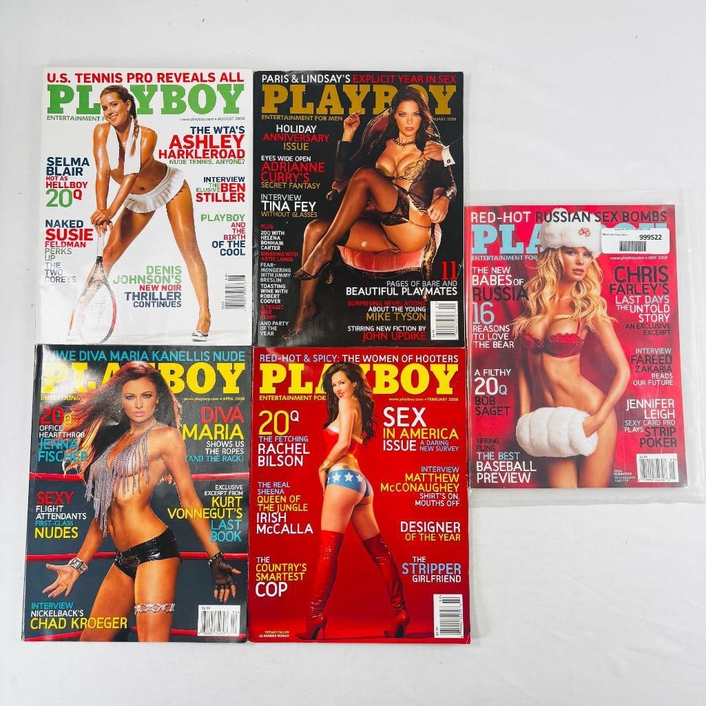 Vintage Playboys Featuring Adrianne Curry '08: set of five (5) vintage issues of Playboy Magazine. Known for its sophisticated blend of world-class photography, award-winning journalism, and interviews with the most influential figures of the 20th