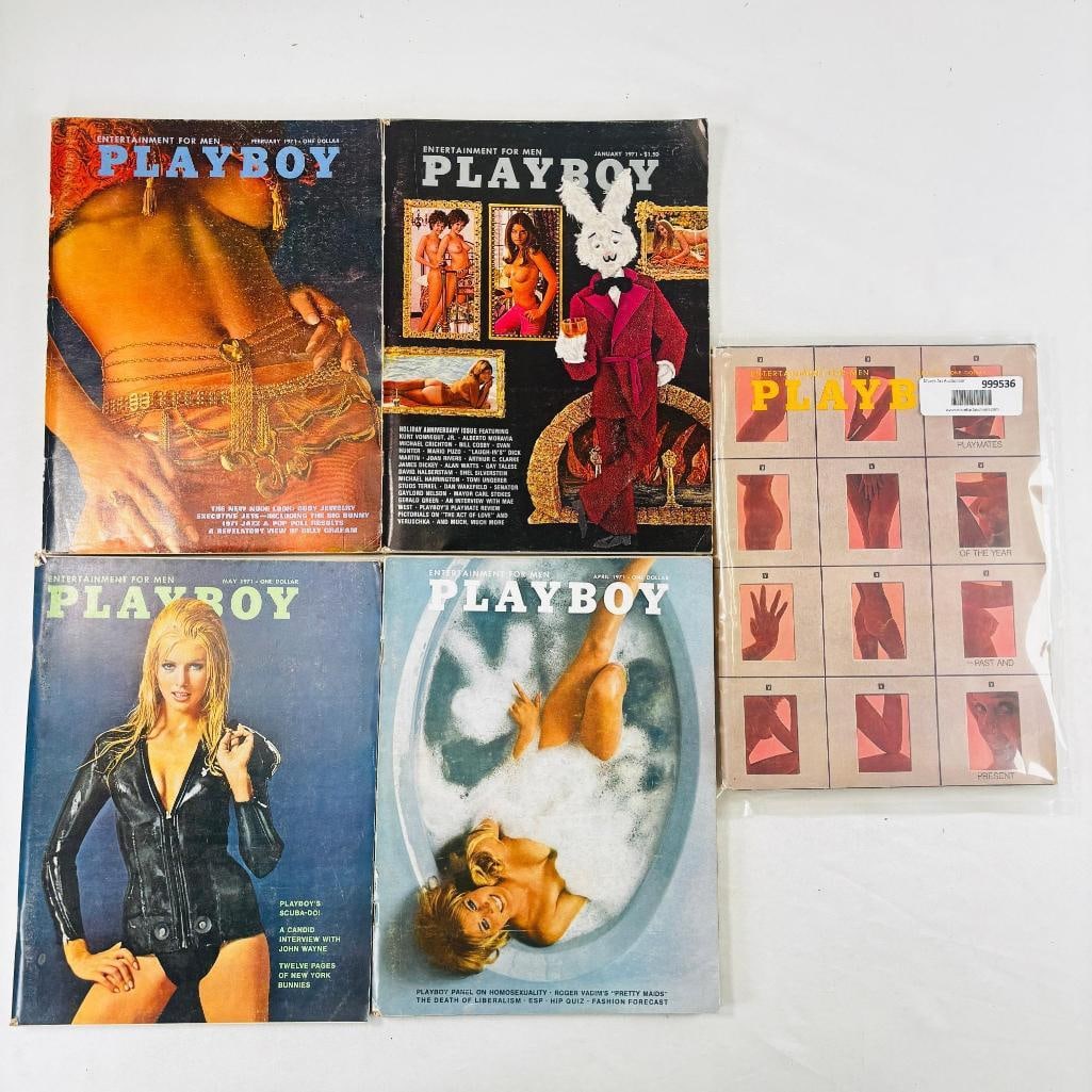 Vintage Playboy Lot - 5 Issues - 1971: set of five (5) vintage issues of Playboy Magazine. Known for its sophisticated blend of world-class photography, award-winning journalism, and interviews with the most influential figures of the 20th