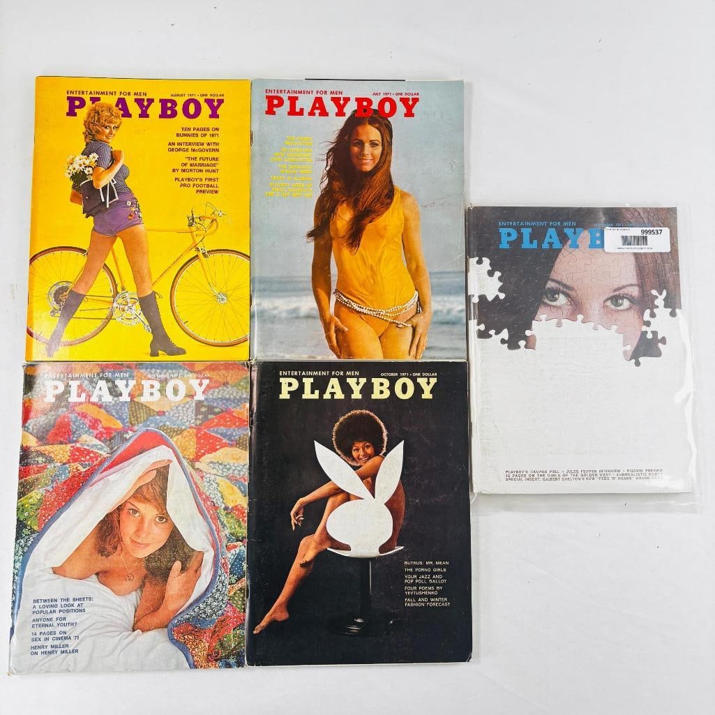 Vintage Playboy Magazines Iconic Collectibles 1971: set of five (5) vintage issues of Playboy Magazine. Known for its sophisticated blend of world-class photography, award-winning journalism, and interviews with the most influential figures of the 20th