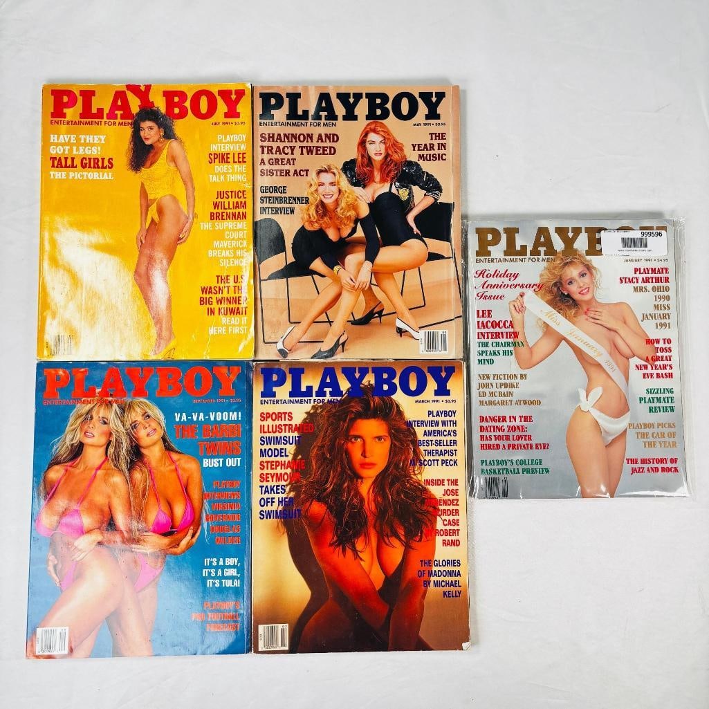 Vtg Playboy Magazines Featuring Barbi twins '91: set of five (5) vintage issues of Playboy Magazine. Known for its sophisticated blend of world-class photography, award-winning journalism, and interviews with the most influential figures of the 20th