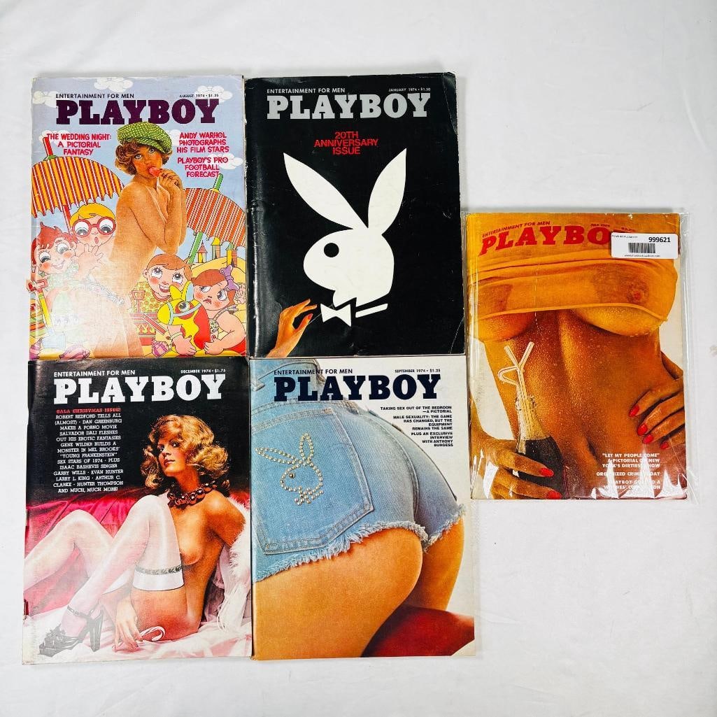 Vintage Playboy Lot - 5 Issues - 1974: set of five (5) vintage issues of Playboy Magazine. Known for its sophisticated blend of world-class photography, award-winning journalism, and interviews with the most influential figures of the 20th