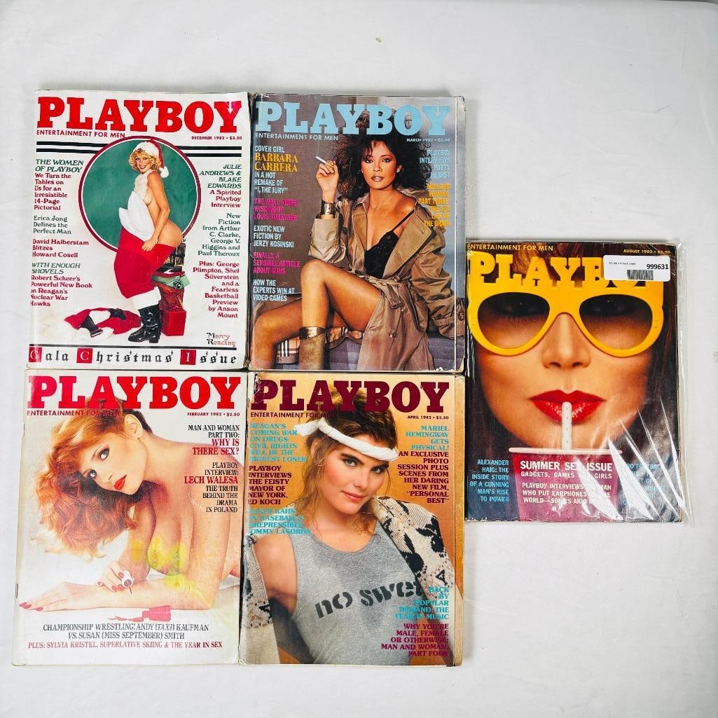 Vintage Playboy Lot - 5 Issues - 1982: set of five (5) vintage issues of Playboy Magazine. Known for its sophisticated blend of world-class photography, award-winning journalism, and interviews with the most influential figures of the 20th