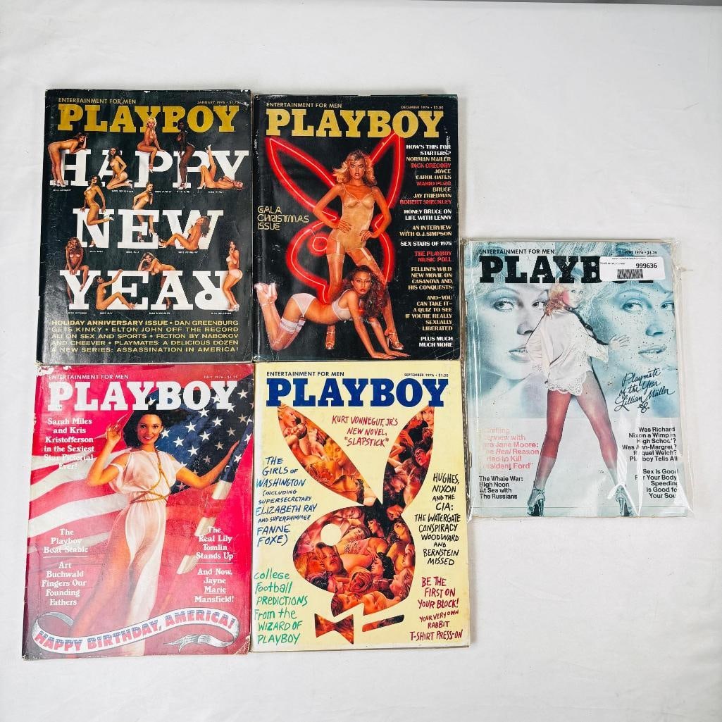 Vintage Playboy Magazines - 1976: set of five (5) vintage issues of Playboy Magazine. Known for its sophisticated blend of world-class photography, award-winning journalism, and interviews with the most influential figures of the 20th