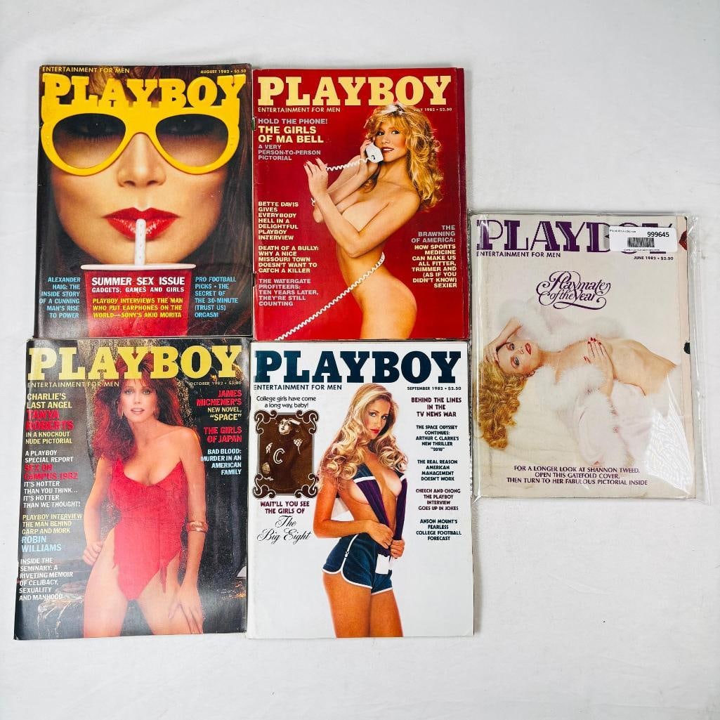 Vintage Playboy Lot - 5 Issues - 1982: set of five (5) vintage issues of Playboy Magazine. Known for its sophisticated blend of world-class photography, award-winning journalism, and interviews with the most influential figures of the 20th