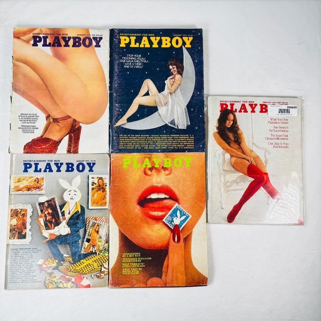 Vintage Rare Playboys Iconic Collectibles 1973: set of five (5) vintage issues of Playboy Magazine. Known for its sophisticated blend of world-class photography, award-winning journalism, and interviews with the most influential figures of the 20th