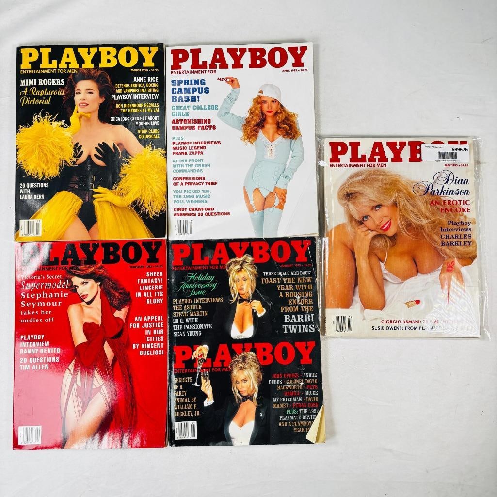 1993 Vtg Playboys Mimi Rogers Pictoral: set of five (5) vintage issues of Playboy Magazine. Known for its sophisticated blend of world-class photography, award-winning journalism, and interviews with the most influential figures of the 20th