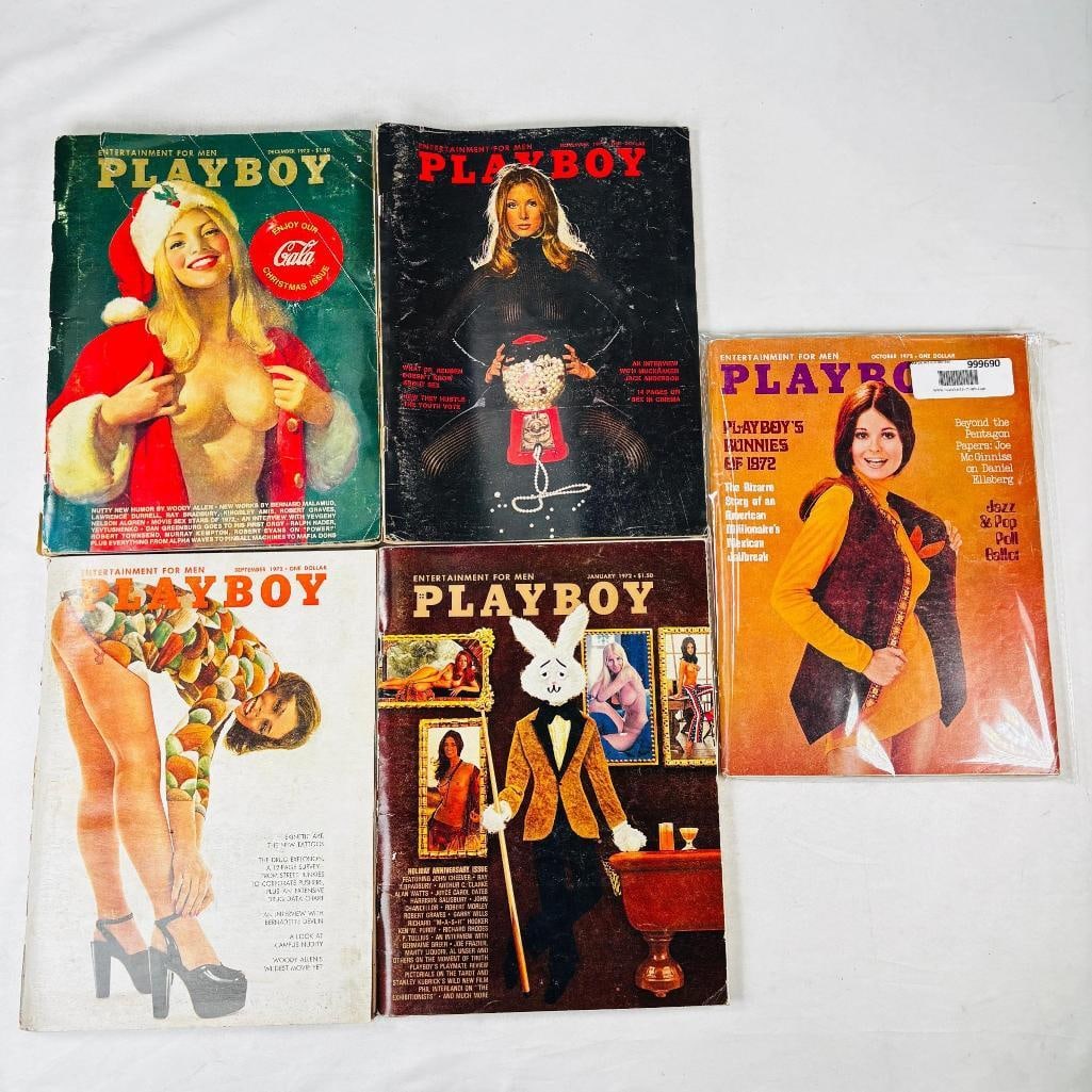 Vintage Playboy Magazines Iconic Collectibles 1972: set of five (5) vintage issues of Playboy Magazine. Known for its sophisticated blend of world-class photography, award-winning journalism, and interviews with the most influential figures of the 20th