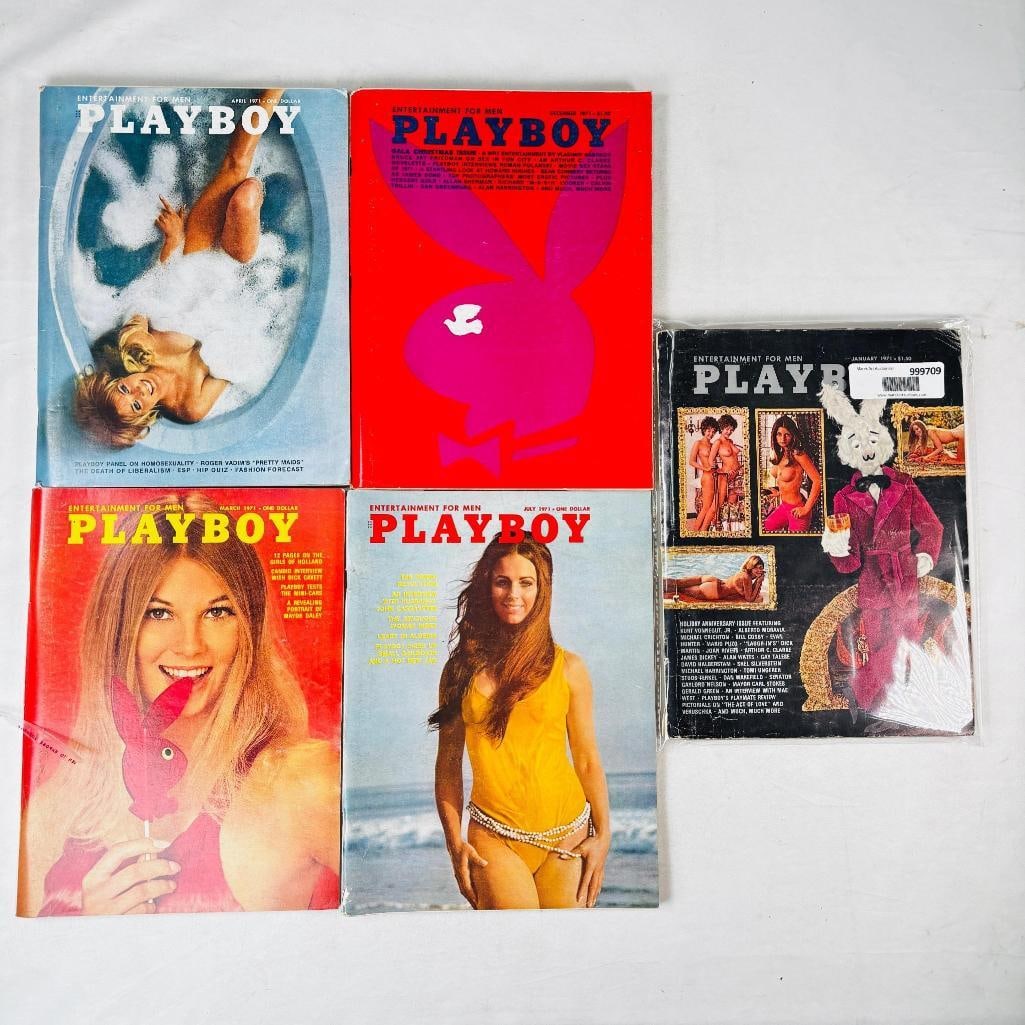 1971 Vintage Playboy Magazines Iconic Collectibles: set of five (5) vintage issues of Playboy Magazine. Known for its sophisticated blend of world-class photography, award-winning journalism, and interviews with the most influential figures of the 20th