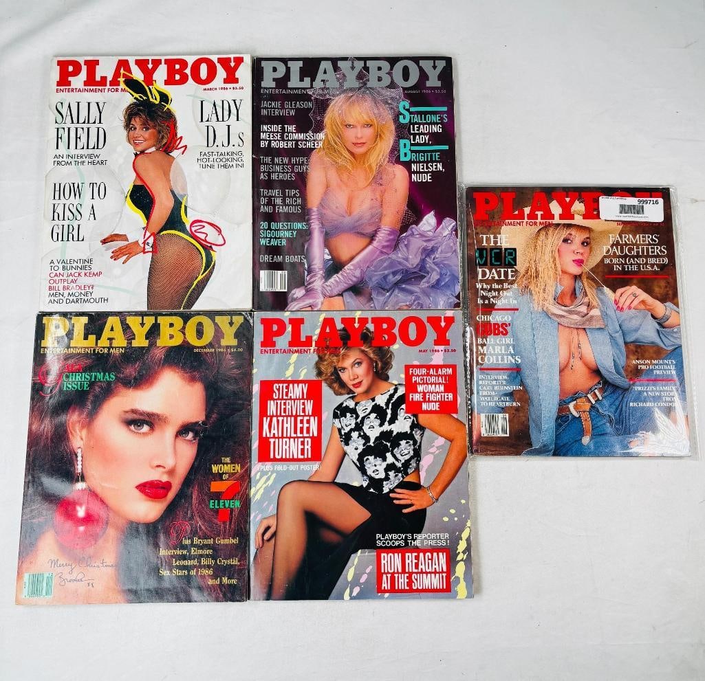 Vtg 1986 Playboys - Brooke Shields, Sally Field...: set of five (5) vintage issues of Playboy Magazine. Known for its sophisticated blend of world-class photography, award-winning journalism, and interviews with the most influential figures of the 20th