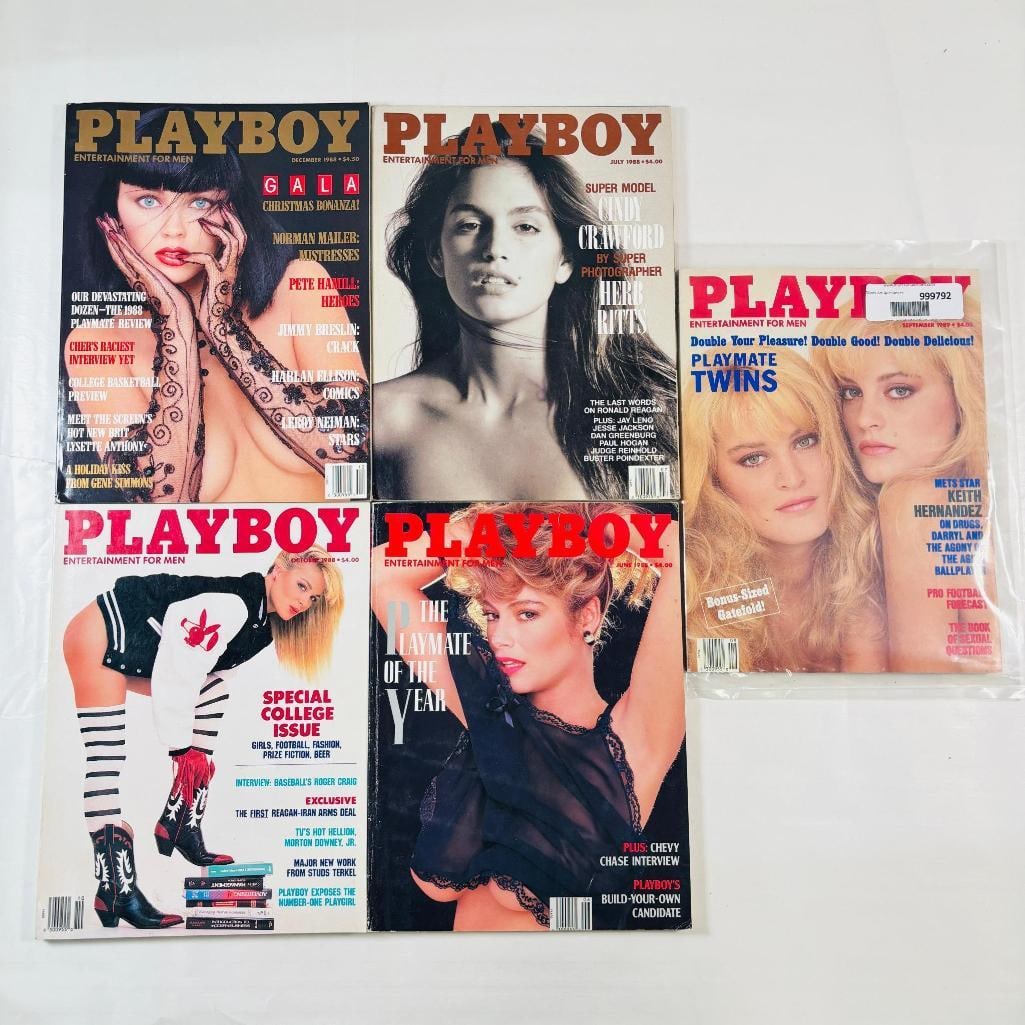 Vtg Playboys -Featuring Cindy Crawford '88: set of five (5) vintage issues of Playboy Magazine. Known for its sophisticated blend of world-class photography, award-winning journalism, and interviews with the most influential figures of the 20th