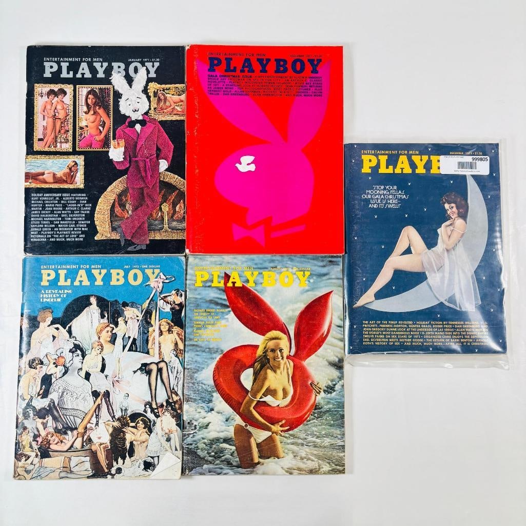 Vintage Playboy Lot - 5 Issues - 1971/1973: set of five (5) vintage issues of Playboy Magazine. Known for its sophisticated blend of world-class photography, award-winning journalism, and interviews with the most influential figures of the 20th