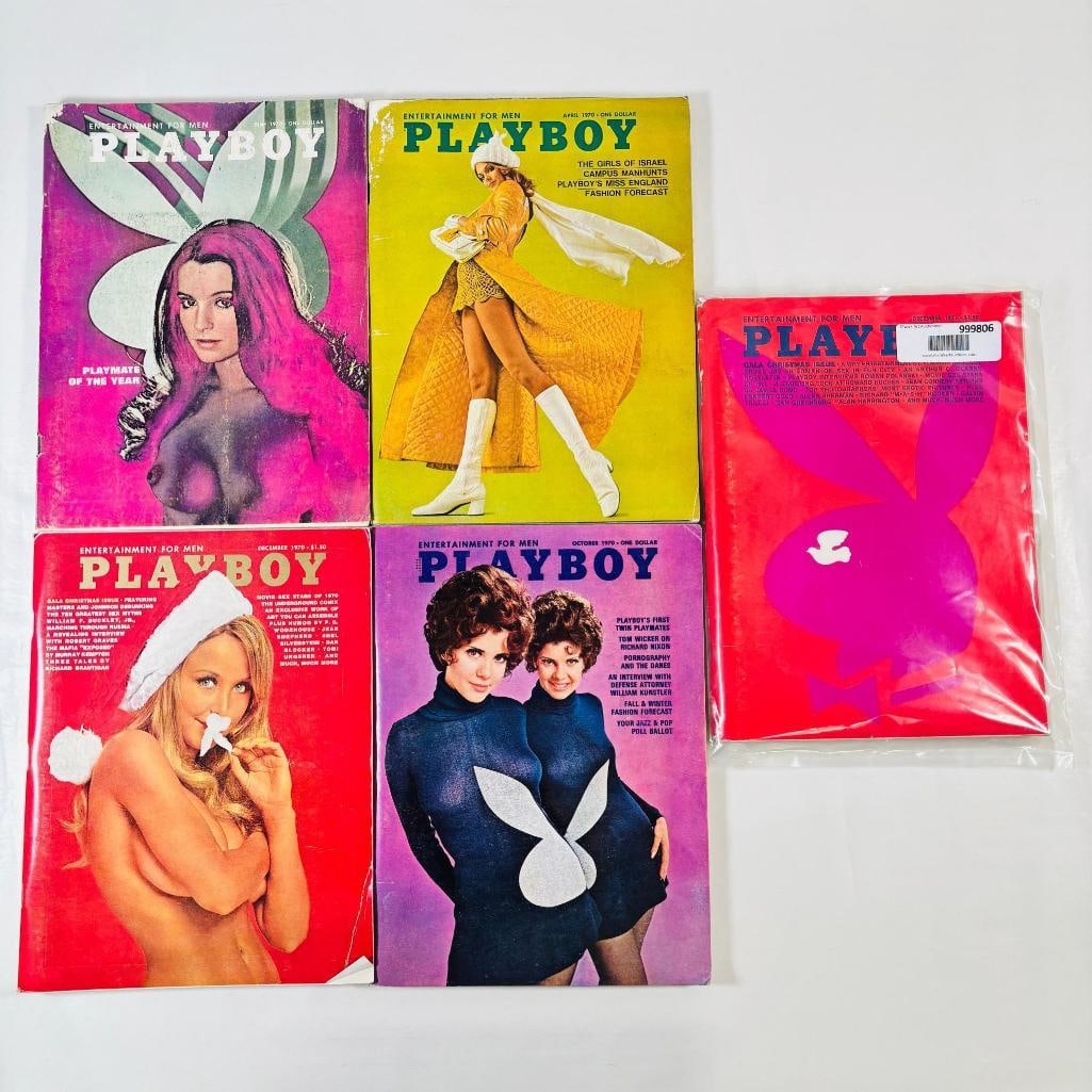 Well Maintained Playboys 1970s: set of five (5) vintage issues of Playboy Magazine. Known for its sophisticated blend of world-class photography, award-winning journalism, and interviews with the most influential figures of the 20th
