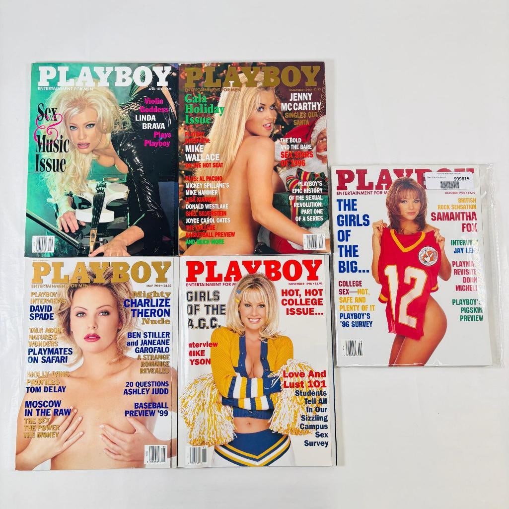 Playboys Late 90s Jennt McCarthy, Charlize Theron: set of five (5) vintage issues of Playboy Magazine. Known for its sophisticated blend of world-class photography, award-winning journalism, and interviews with the most influential figures of the 20th