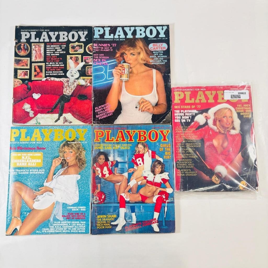 Vintage Playboy Magazines Iconic Collectibles 1977: set of five (5) vintage issues of Playboy Magazine. Known for its sophisticated blend of world-class photography, award-winning journalism, and interviews with the most influential figures of the 20th