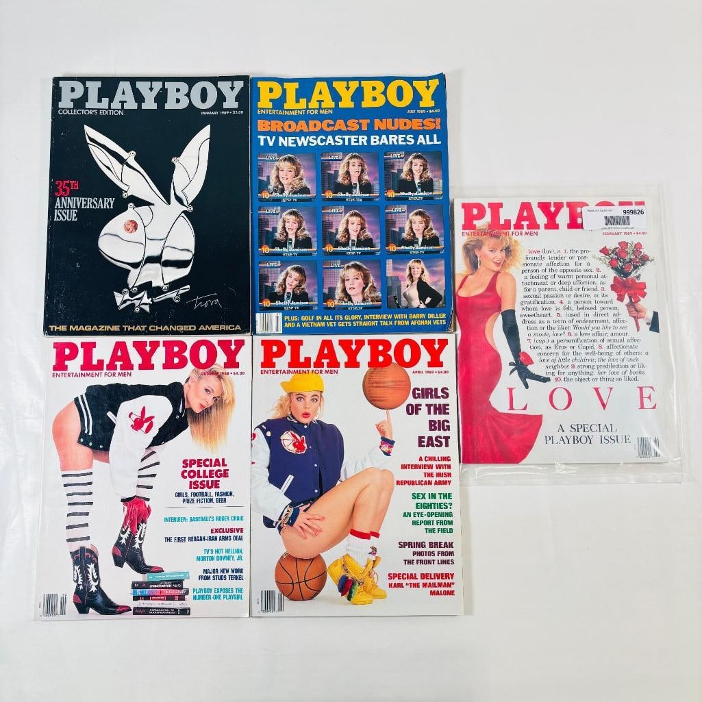 Vintage Playboys 1989 35th Anniversary Issue: set of five (5) vintage issues of Playboy Magazine. Known for its sophisticated blend of world-class photography, award-winning journalism, and interviews with the most influential figures of the 20th