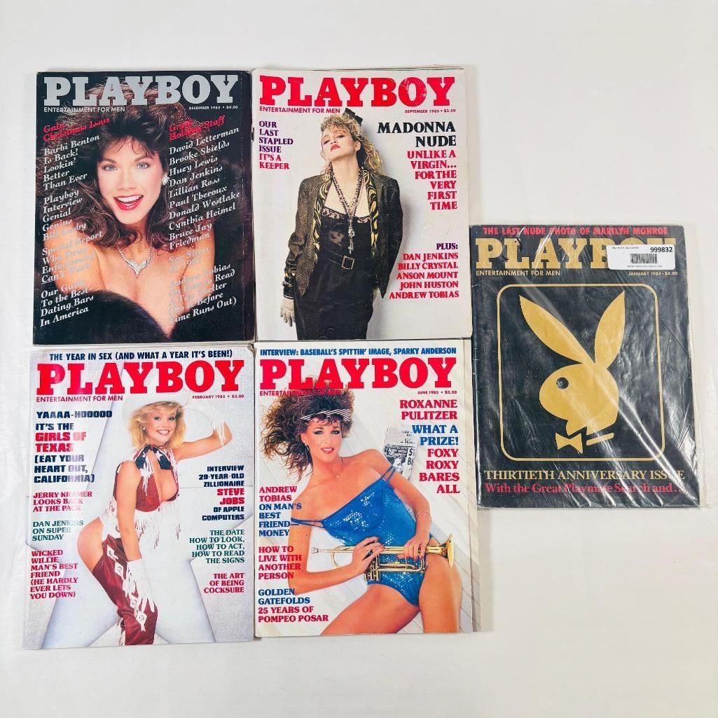 1985 Vtg Playboys Madonna, Roxy Pulitzer, Barbi: set of five (5) vintage issues of Playboy Magazine. Known for its sophisticated blend of world-class photography, award-winning journalism, and interviews with the most influential figures of the 20th