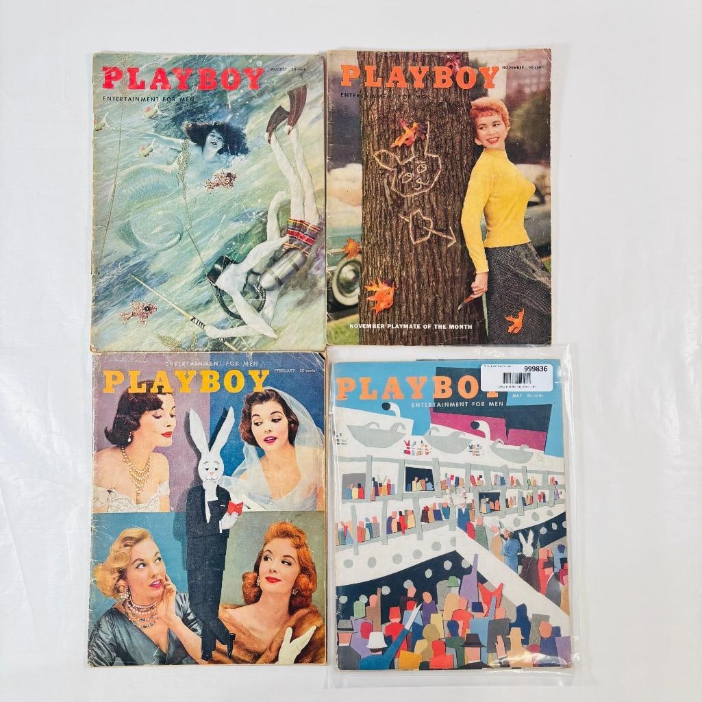Vintage 1955 Playboy Magazines Set of 4: vintage issues of Playboy Magazine. Known for its sophisticated blend of world-class photography, award-winning journalism, and interviews with the most influential figures of the 20th century, this p