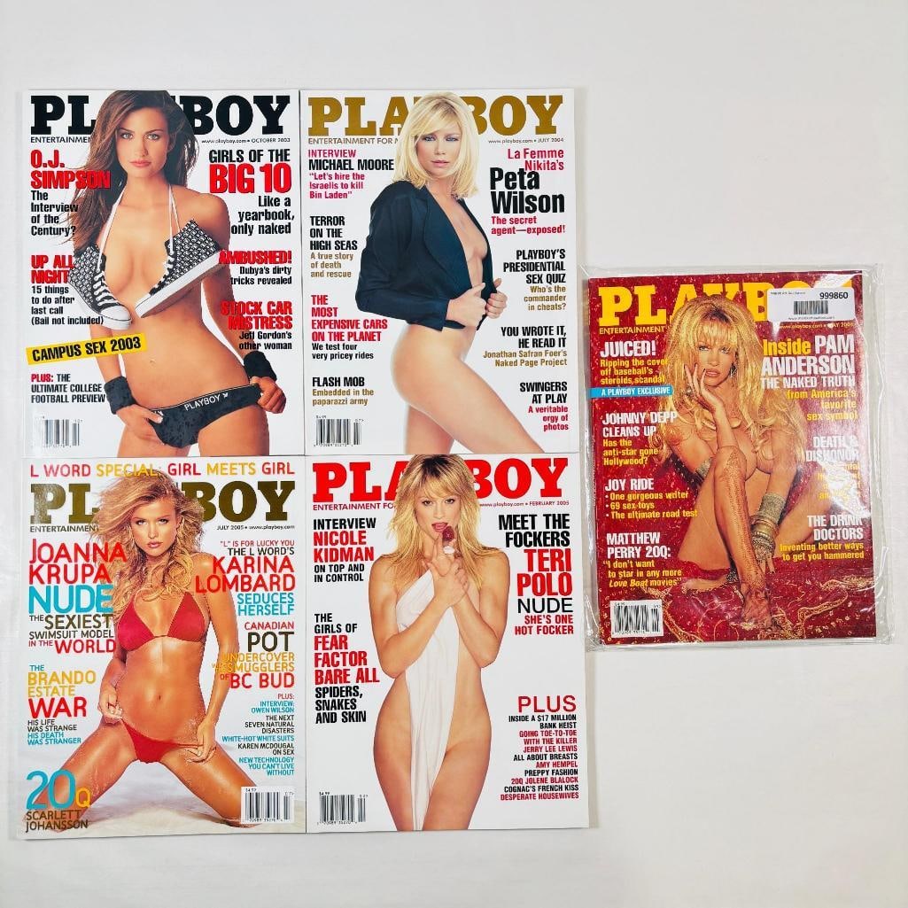 Early 2000s Playboys Pam Anderson, Peta Wilson: set of five (5) vintage issues of Playboy Magazine. Known for its sophisticated blend of world-class photography, award-winning journalism, and interviews with the most influential figures of the 20th