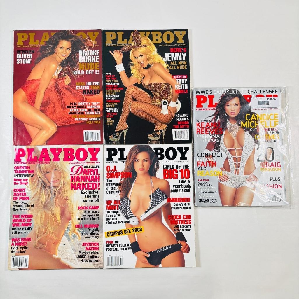 Early 2000s Playboys Brooke Burke, Daryl Hannah: set of five (5) vintage issues of Playboy Magazine. Known for its sophisticated blend of world-class photography, award-winning journalism, and interviews with the most influential figures of the 20th