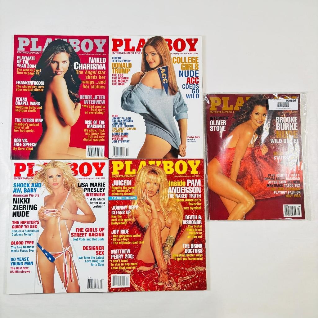 2003/04 Playboys Pam Anderson, Lisa Marie Presley: set of five (5) vintage issues of Playboy Magazine. Known for its sophisticated blend of world-class photography, award-winning journalism, and interviews with the most influential figures of the 20th