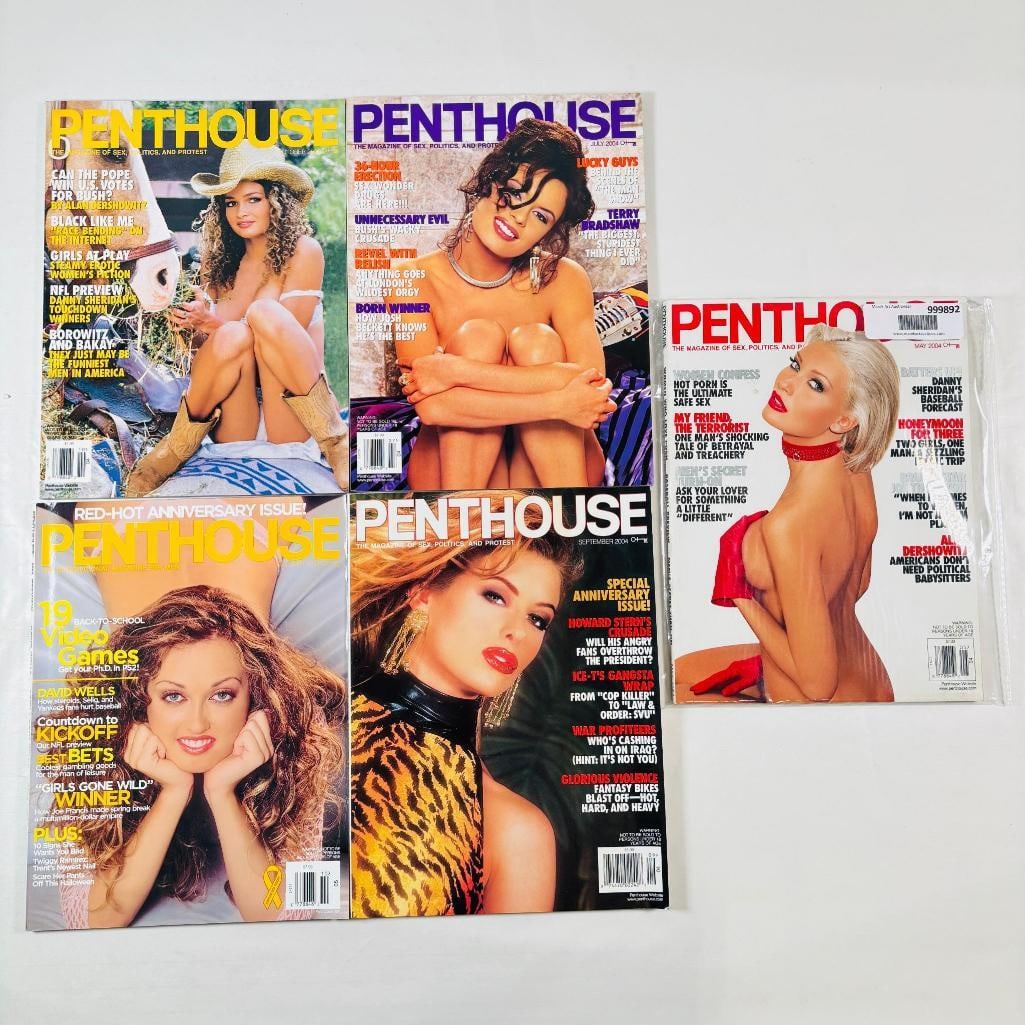Vintage Penthouse Magazines 2004: set of five (5) vintage issues of Penthouse Magazine. Known for its sophisticated blend of provocative pictorials, high-end lifestyle features, and award-winning investigative journalism, this publica