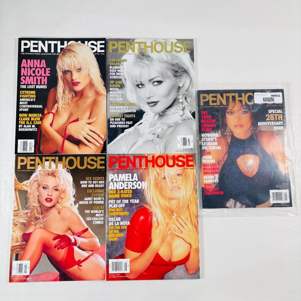 1996 Penthouse Magazines Pamela, Anna Nicole Smith: set of five (5) vintage issues of Penthouse Magazine. Known for its sophisticated blend of provocative pictorials, high-end lifestyle features, and award-winning investigative journalism, this publica