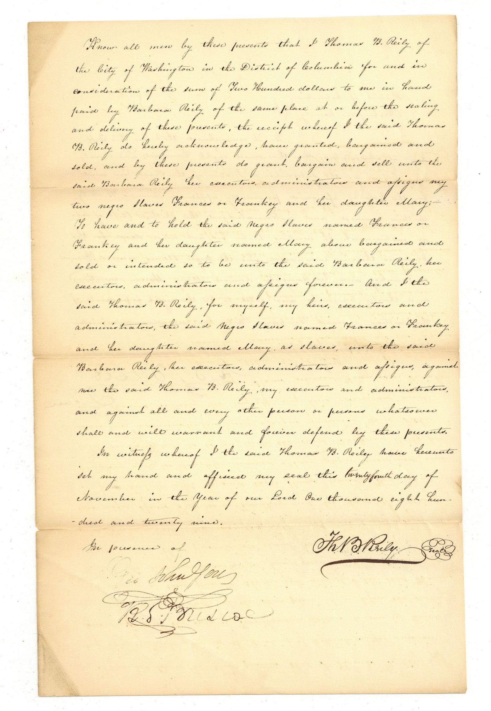 Rare Washington D.C. Slave Bill of Sale for Mother and Daughter (1 of 1)