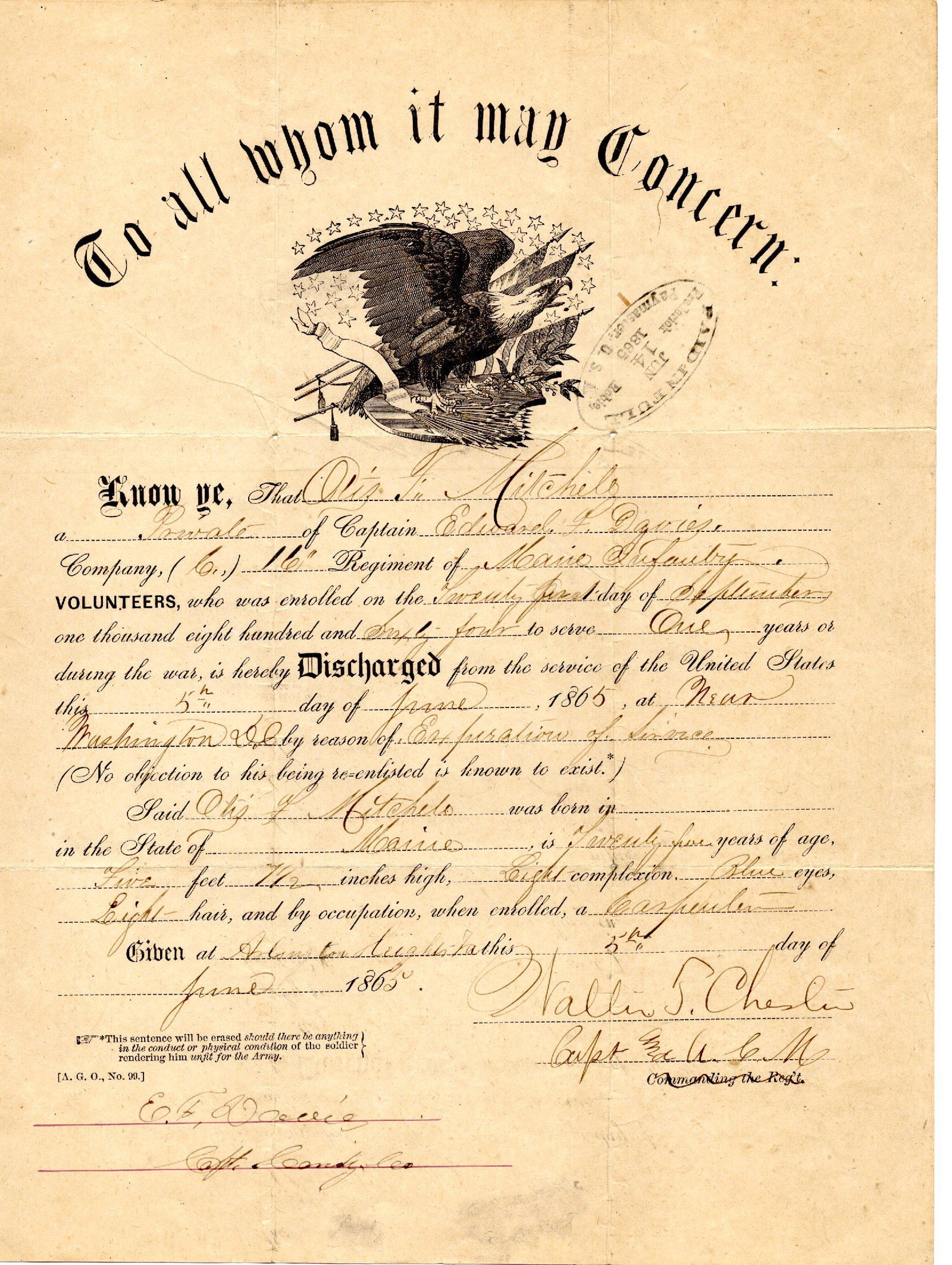 Battle of Gettysburg  - 16th Maine Discharge (1 of 1)