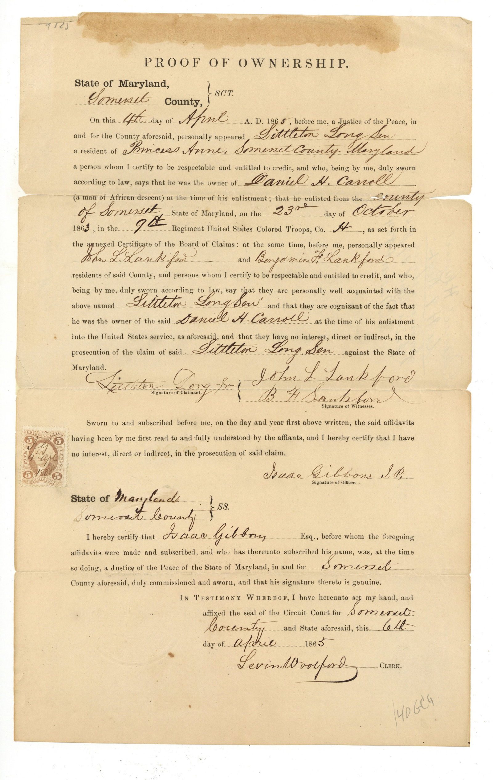 Maryland Slave Owner Enlists his Slave in the 9th USCT (1 of 1)