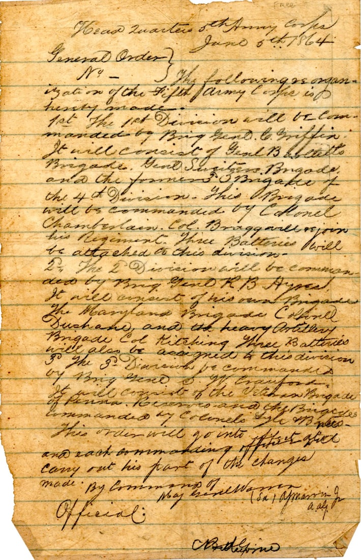 Field Copy General Order Promotion of Command For Joshua Chamberlain and Rutherford Hayes (1 of 1)