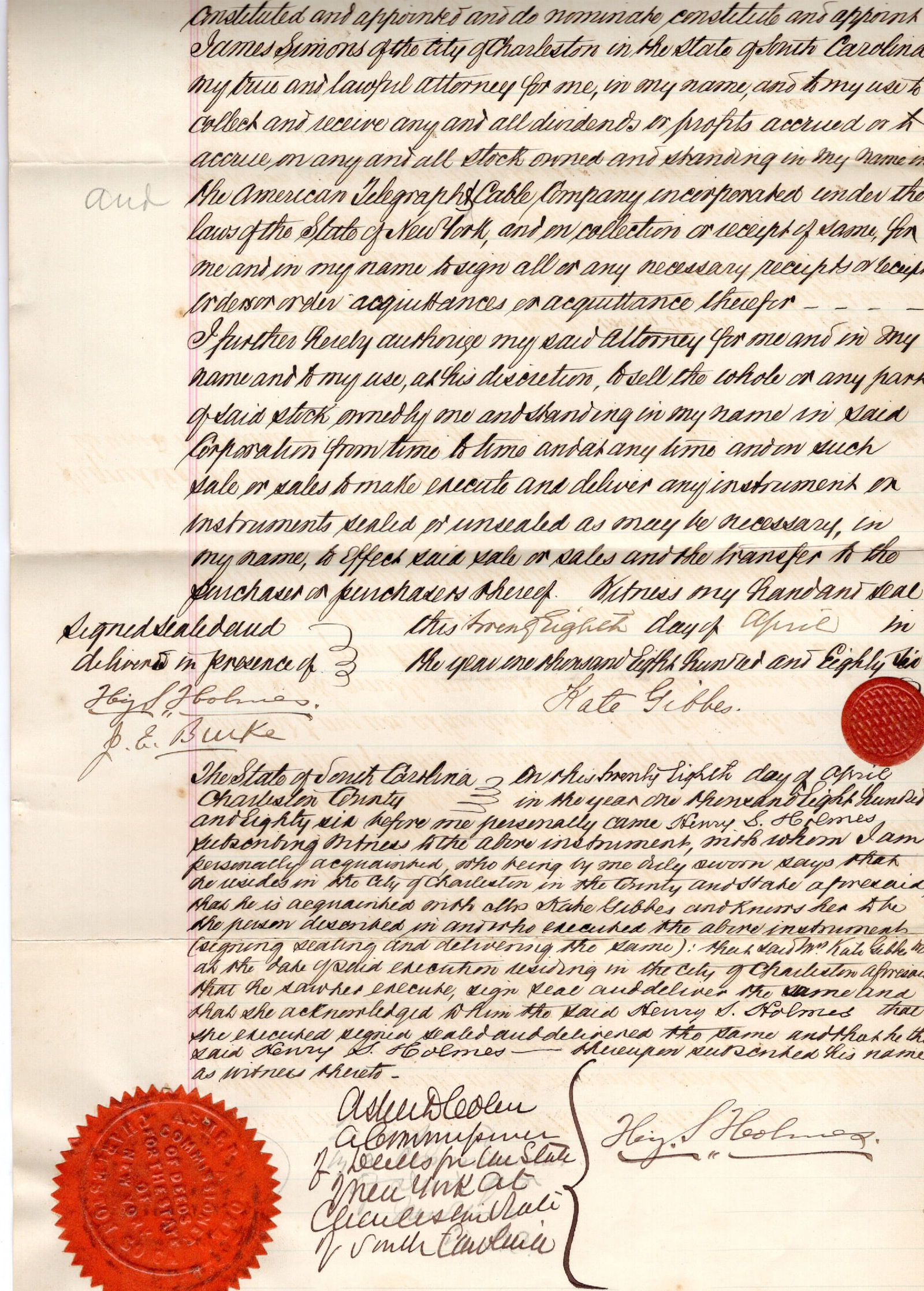 South Carolina Judaica - His Portrait Hangs in the Smithsonian Art Museum: Manuscript Document Signed by Asher D. Cohen (1838-1904) 1pp. Folio, April 8, 1886, Charleston, South Carolina pertaining to stock in “the American Telegraph & Cable Company” Fine condition.