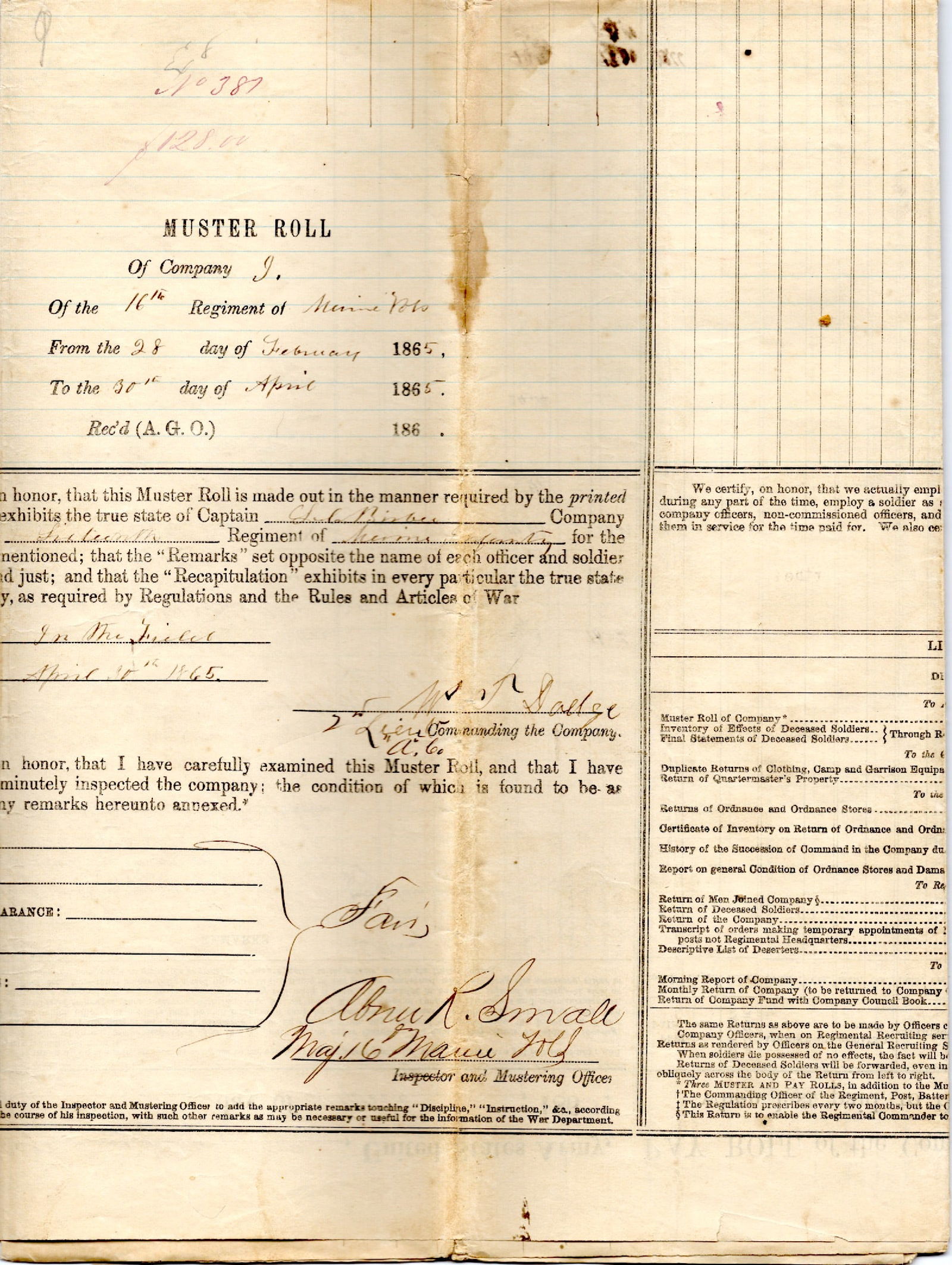 Captured at Gettysburg - 16th Maine Muster Roll (1 of 1)