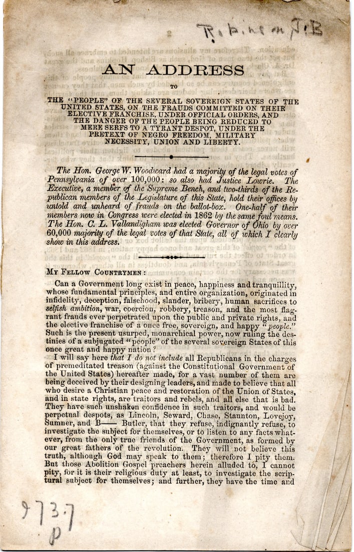 Democrat Politician Rails Against the Tyrant Lincoln and States that African Americans were Designed: War-date Union imprint “An Address to The’People’ of the Several Soverign States of the United States on the Frauds Committed ontheir Elective Franchise, Under Official Orders, and the Danger of