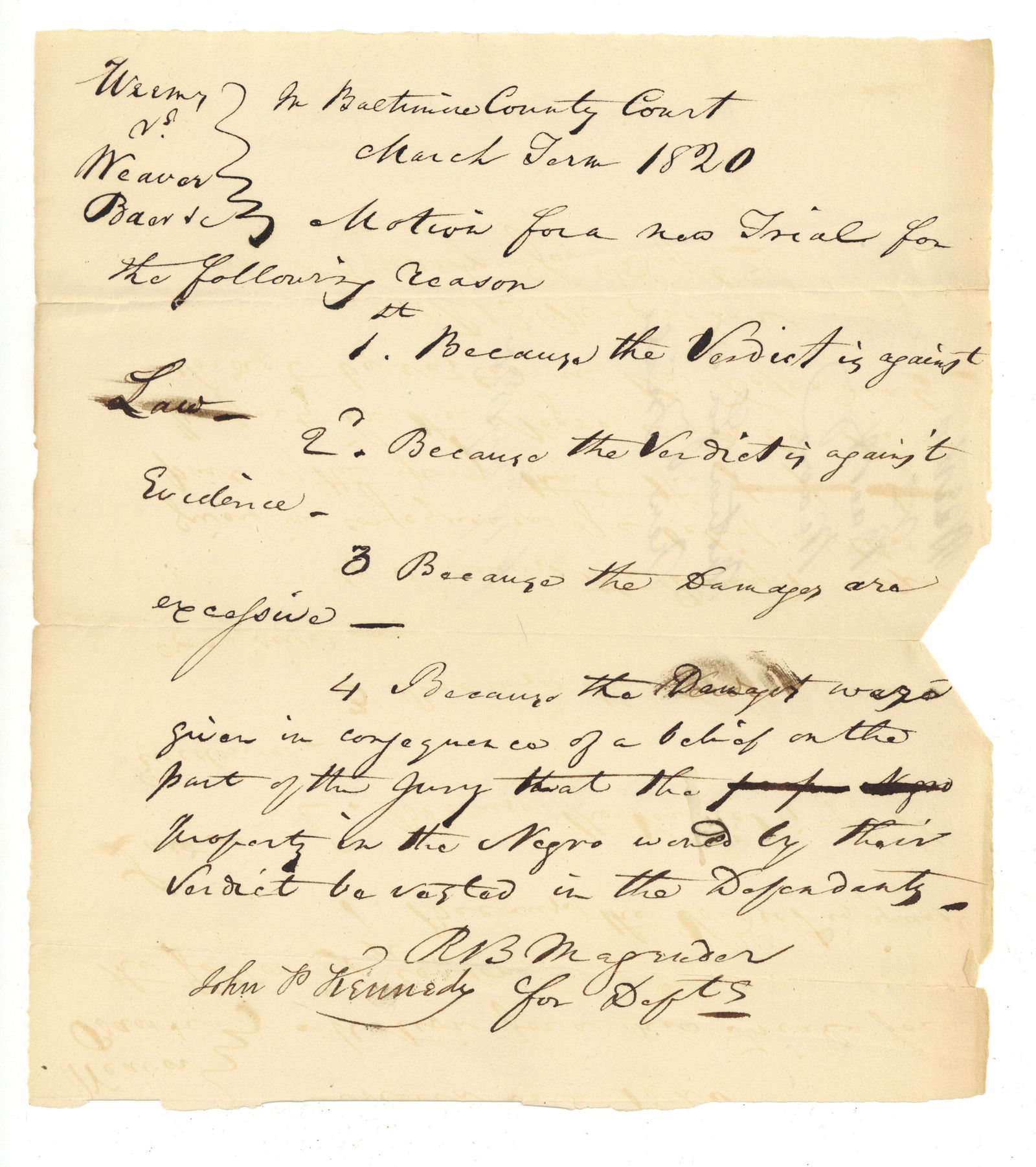 Slave Trial Document Signed by John P. Kennedy Who Helped End Slavery in Maryland (1 of 1)
