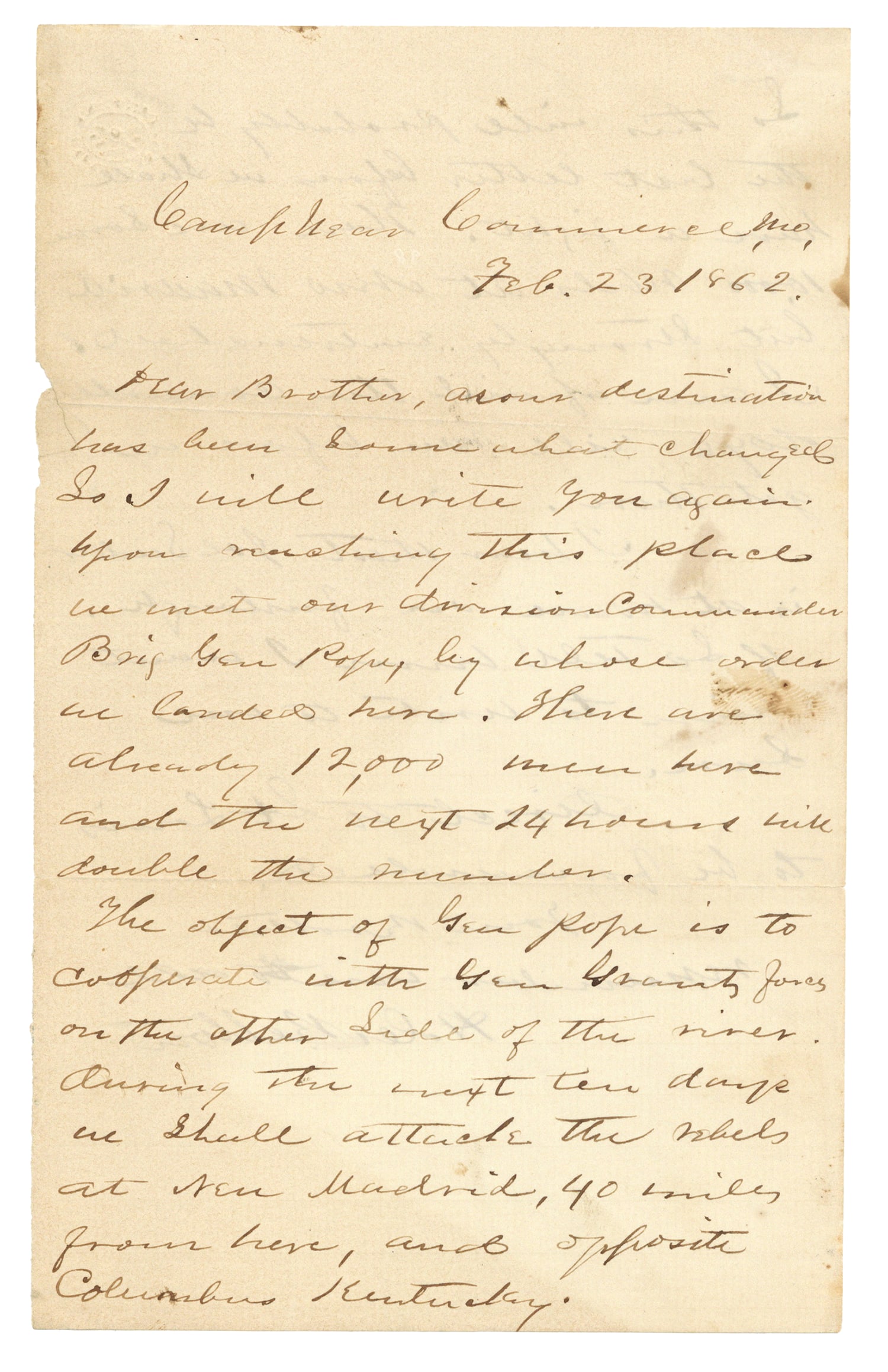 Missouri Home Guard Letter - Mentions Generals Pope and Grant Preparing to Attack New Madrid (1 of 2)