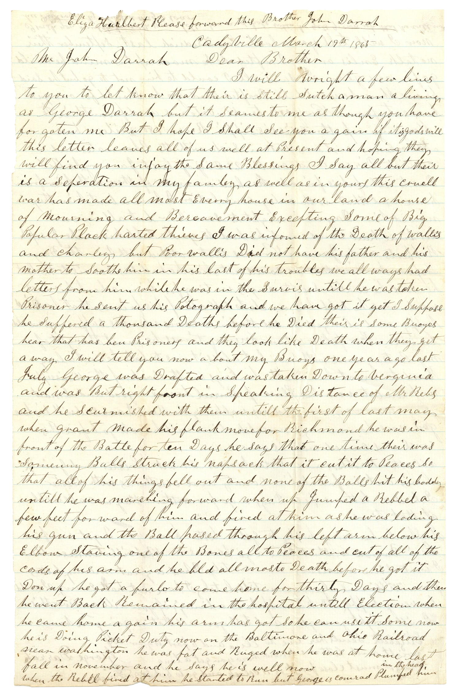 83rd New York Solder Letter of General Grant, Killing Rebels and Being Shot: War-date Union soldier Autograph Letter Signed “George Darrah” 83rd New York Infantry, 2pp folio, Cadyville, March 19, 1865, and reads in part: “...I will write a few lines to you to let kno