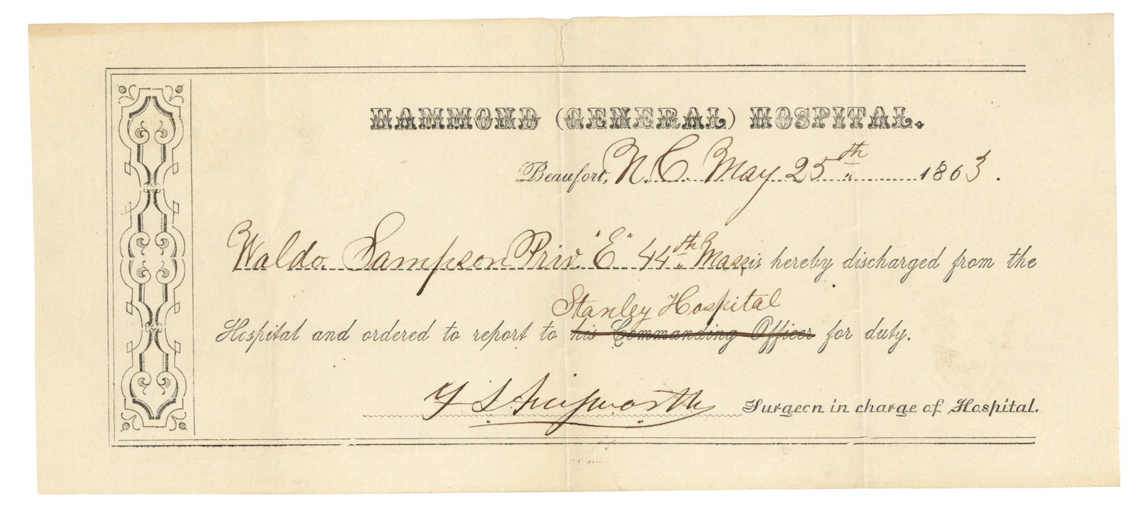 44th Massachusetts Soldier Document from North Carolina 1863 (1 of 1)