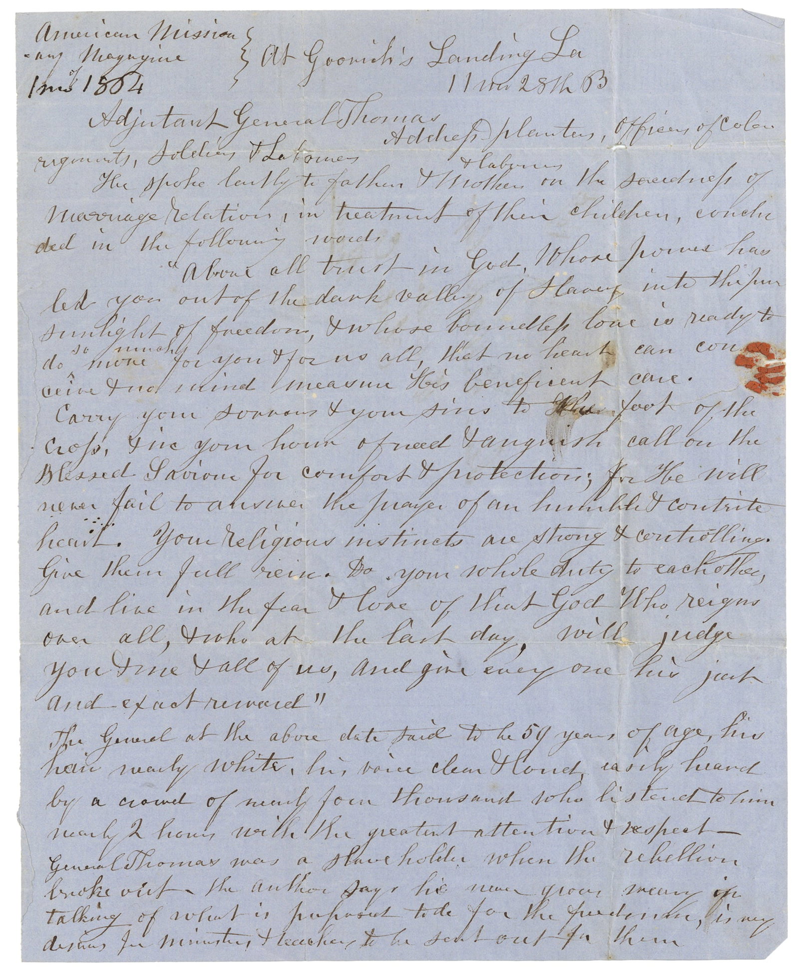 1863 Letter General Thomas Addresses the Freed Slaves of Louisiana about Marriage and God (1 of 2)