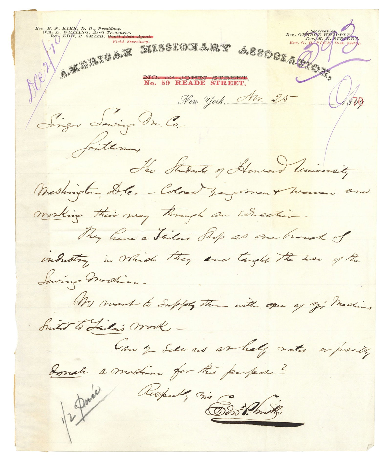 The Early Days of Howard University 1869 Letter (1 of 1)